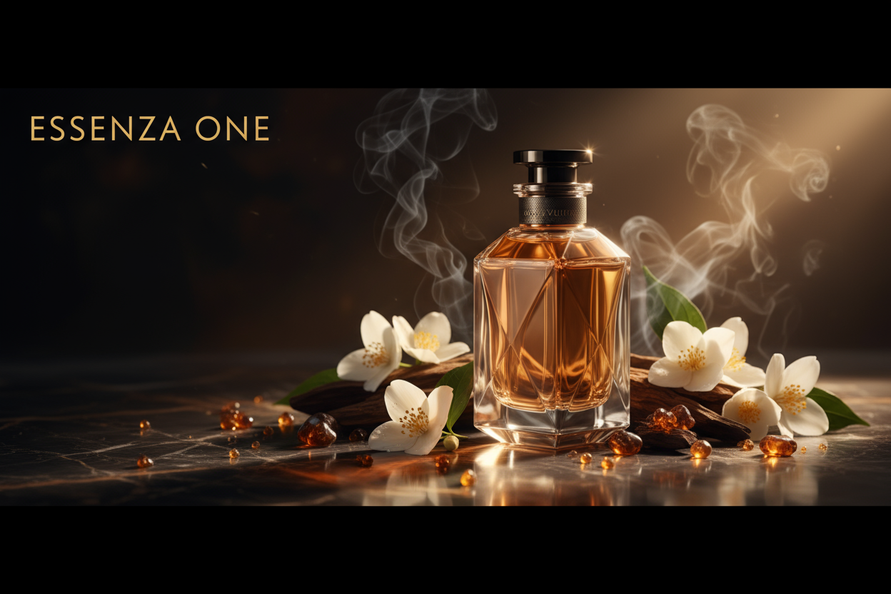 creer moi une image avec la meilleur resolution et netteté possible pour ma bannière de site au premier plan ! : ma marque se nomme : " Essenza one " , je veux que tu me creer une banniere d'une taille de site internet comme sur des sites officiels en mettant un parfum de chez louis vuitton qui est le plus populaire , je veux que l'image parle d'elle meme , un decors envoutant et attirant 