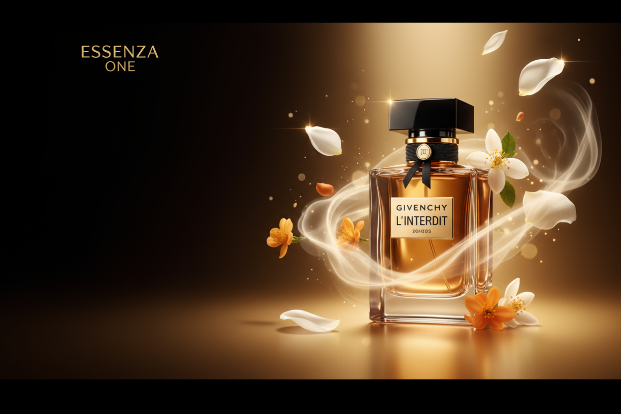 non non bref creer moi une image avec la meilleur resolution et netteté possible pour ma bannière de site au premier plan ! : ma marque se nomme : " Essenza one " , je veux que tu me creer une banniere d'une taille de site internet comme sur des sites officiels en mettant un parfum de chez givenchy qui est le plus populaire , je veux que l'image parle d'elle meme , un decors envoutant et attirant ! tu me suis ?